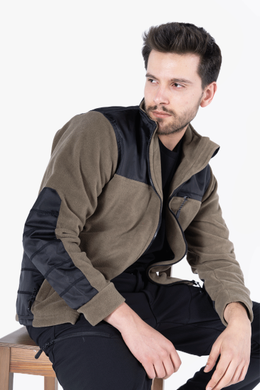 Omuz ve Dirsek Takviyeli Polar Ceket - Haki - Siyah