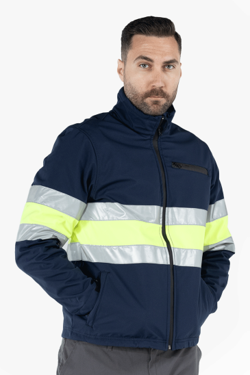 Çift Sıra Reflektörlü Neon Softshell Mont - Lacivert - Sarı