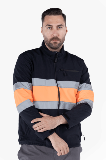 Çift Sıra Reflektörlü Neon Softshell Mont - Lacivert - Turuncu