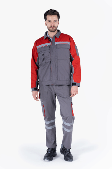 Reflektörlü Cepli Kapitoneli Mont - Gri - Kırmızı