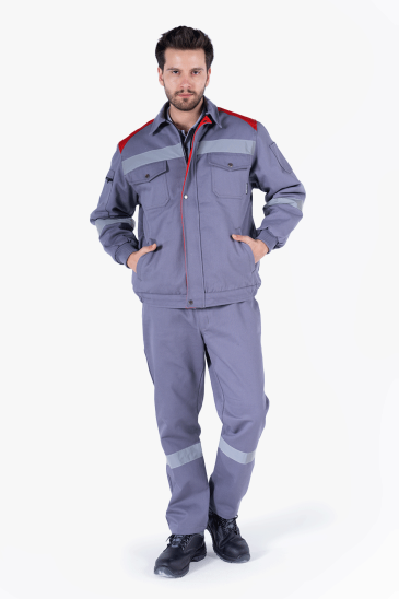 Kapitoneli Mont Pantolon İş Takımı - Gri - Kırmızı