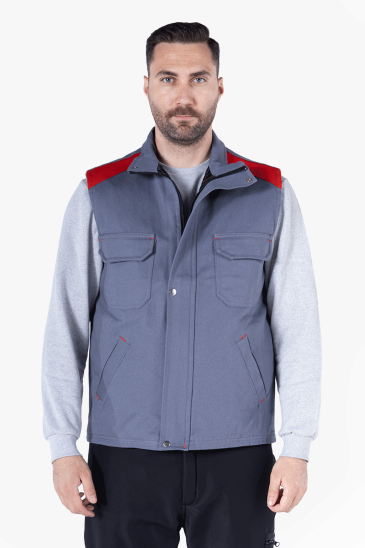 Dik Yakalı Kapitoneli Yelek - Gri - Kırmızı