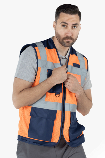 Fileli Mühendis İkaz Yeleği - Turuncu - Lacivert