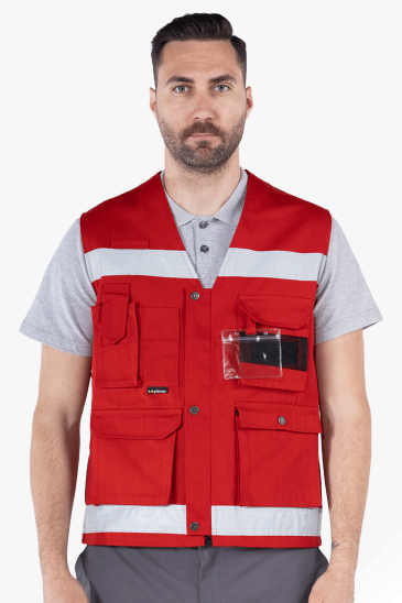 Reflektörlü Çok Cepli Haritacı Yeleği - Kırmızı