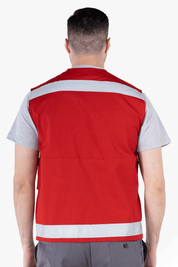 Reflektörlü Çok Cepli Haritacı Yeleği - Kırmızı