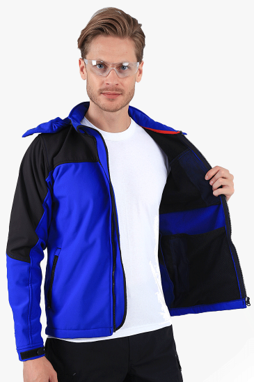 Çift Renkli Kapüşonlu Softshell Mont - Saks Mavi - Siyah