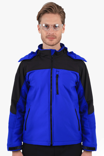 Çift Renkli Kapüşonlu Softshell Mont - Saks Mavi - Siyah