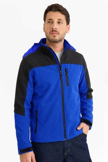 Çift Renkli Kapüşonlu Softshell Mont - Saks Mavi - Siyah